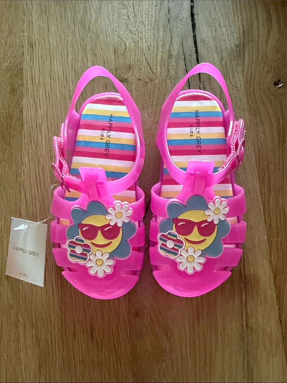 NWT Happily Grey Kids Pink Jelly Sandals with Smiley Flowers